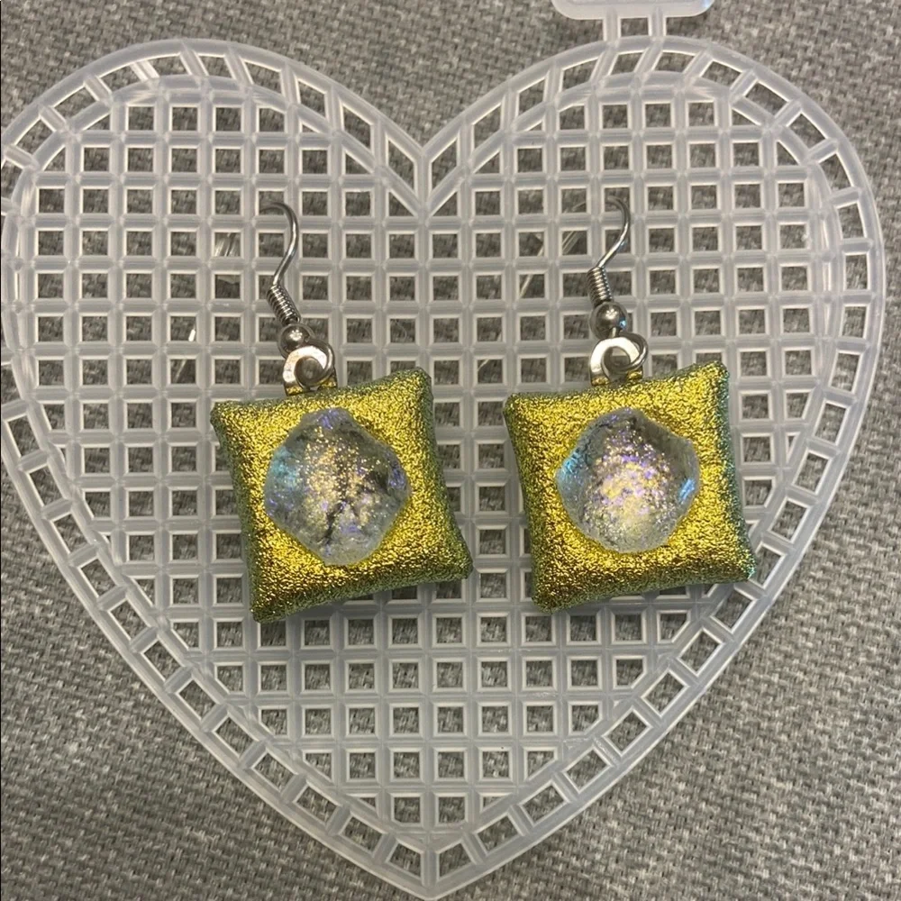 Handmade Gold and Silver Dochoic Fused Glass Dangle Earrings - Picture 1 of 3